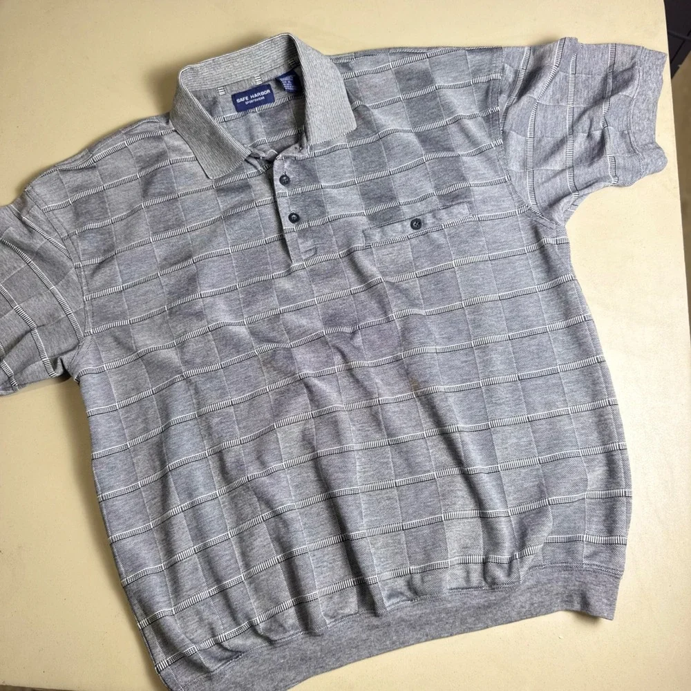 90s Polo Shirt Mens‎ XL Grey Textured Dad style grandpacore Retro preppy vintage